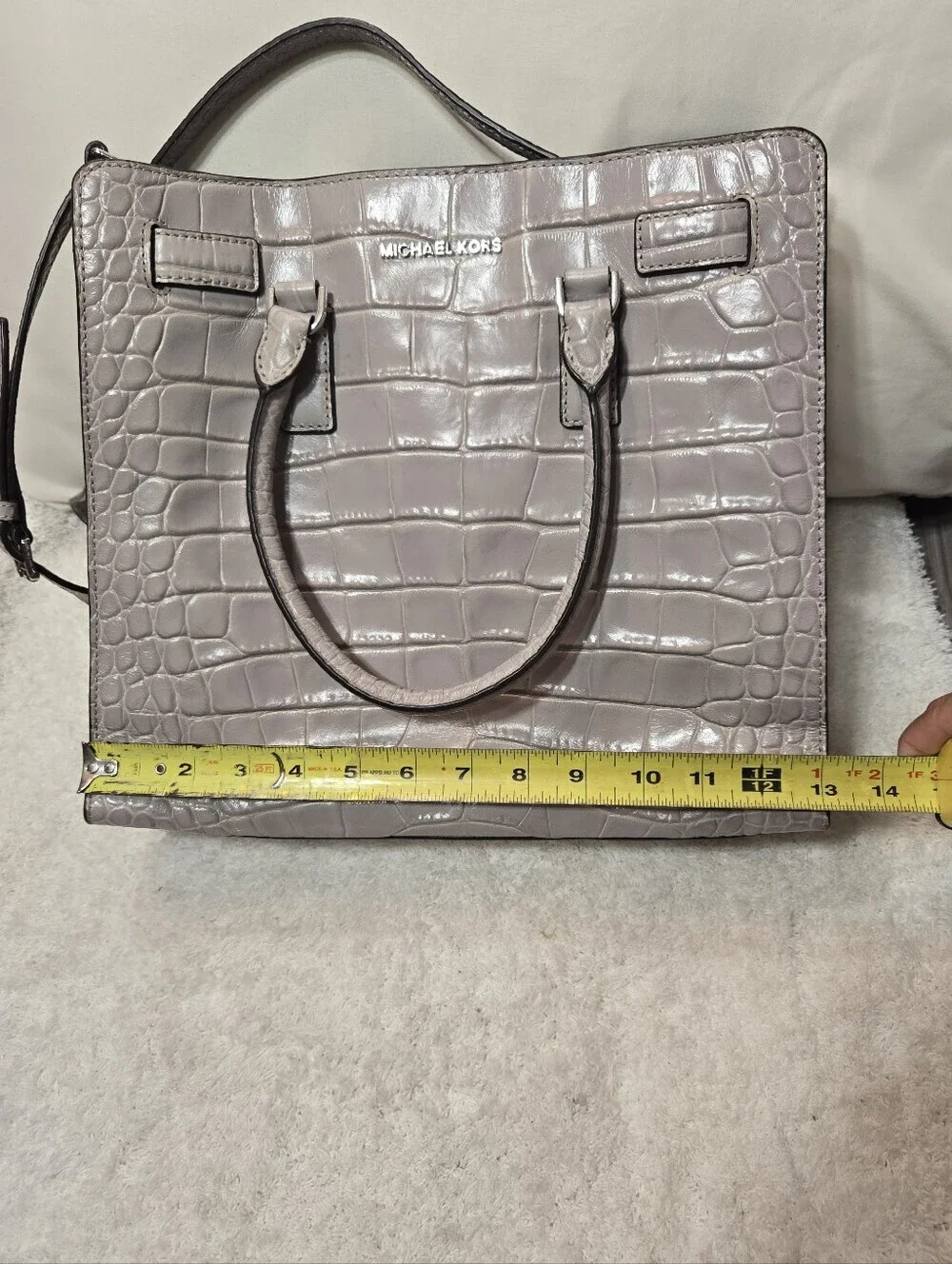 Michael Kors Dillon Satchel Dove Gray Croc Embossed Leather Shoulder Bag
